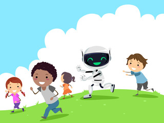 Sticker - Robot Play Stickman Kids Outdoors Illustration