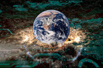Wall Mural - cloud computing worldwide concept. planet earth with surrounding clouds and motherboard surface, col