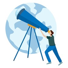 Concepts For Website And Applications. Astronomer Looking Through Telescope.
