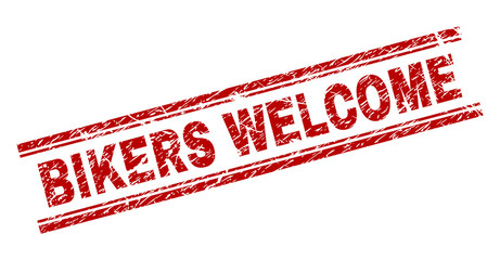 Wall Mural - bikers welcome seal print with corroded texture. red vector rubber print of bikers welcome text with