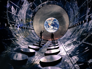 Wall Mural - crew of two astronauts standing in the tunnel looking at the the planet earth and milky way galaxy. 