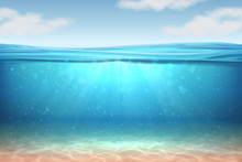 Realistic Underwater Background. Ocean Deep Water, Sea Under Water Level, Sun Rays Blue Wave Horizon. Water Surface 3D Vector Concept