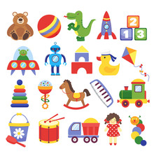Cartoon Toys. Game Toy Teddy Bear Dinosaur Rocket Childrens Cubes Kite Robot. Kids Dolls Vector Collection