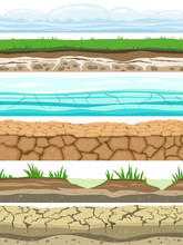 Ground Seamless Levels. Desert Grounded Land Soil Ice Grass Texture Water Stone Surfaces. Game Ui Vector Set