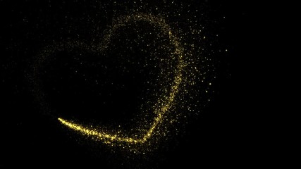Wall Mural - Abstract holiday valentines day background with shining gold sparkling heart particles on black. 4K motion graphic.