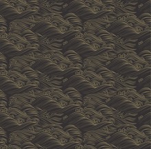 Chinese Wave Pattern Vector. Gold Line Wave And Black Black Background.