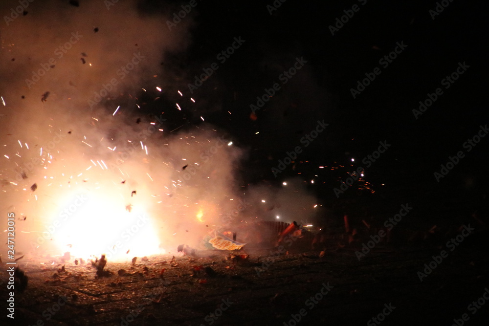We Are Exploding loud chinese crackers in a row are exploding during New Years Eve in ...