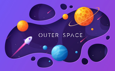 Wall Mural - Colorful cartoon outer space background, design, banner, artwork. 