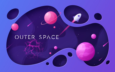 Wall Mural - Colorful cartoon outer space background, design, banner, artwork. 