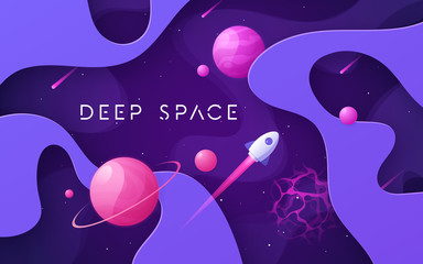 Wall Mural - Colorful cartoon outer space background, design, banner, artwork.