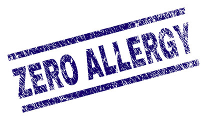 Sticker - ZERO ALLERGY seal print with distress style. Blue vector rubber print of ZERO ALLERGY title with dirty texture. Text title is placed between parallel lines.