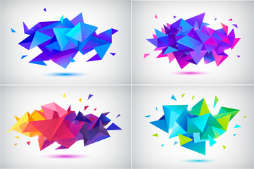 Wall Mural - vector set of abstract facet 3d shapes, geometric banners. low poly triangle posters, modern concept