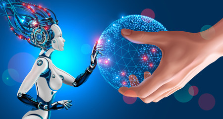 Leinwandbilder - Artificial Intelligence takes control of the infrastructure of entire planet. Man stretches the globe in the palm of his hand to a humanoid robot with cybernetic AI brain connected to supercomputer.