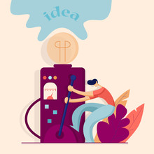 Young Man Starts The Mechanism Of Ideas. Business Concept. Vector Illustration In Flat Style