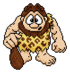 Wall Mural - Caveman in a retro pixel art 8 bit arcade video game style.