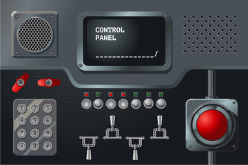 Control panel with display, buttons and handles. Vintage metalic controller. Industry equipment. Laboratory dashboard.