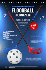 Wall Mural - Floorball tournament invitation template with ball and sticks