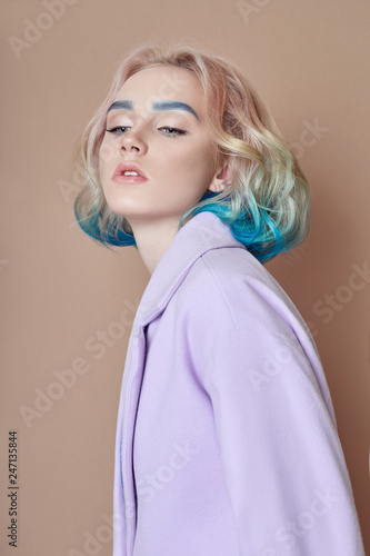 Portrait Woman Spring Bright Colored Flying Hair All Shades