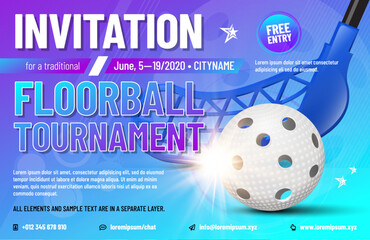 Wall Mural - Floorball tournament invitation template with ball and sticks