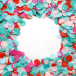 © ampcool - Circle frame colorful confetti celebration on white background. Party background.