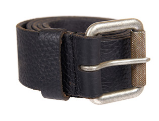 Dark leather belt with metal buckle, male accessory.