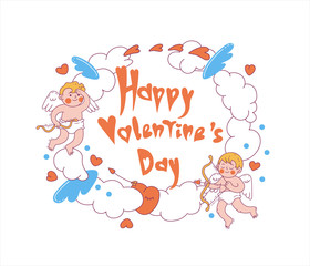 Cartoon greeting card for Valentine's day with cupids, clouds, hearts, wings,arrows and hand written text 