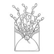 Vector bouquet with outline Willow branch in open craft envelope in black isolated on white background. Twig with contour pussy-Willow for greeting spring design and Easter coloring book.