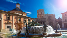 Fountain Rio Turia On Square Of The Virgin Saint Mary In Valencia Spain - European City Architecture