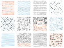 Set Of Abstract Square Backgrounds And Sketch Dots Textures. Vector Illustration.
