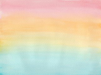 Wall Mural - Horizontal gradient from blue to orange and pink watercolor background, wash technique. Bright coral sky and turquoise water watercolour textured concept