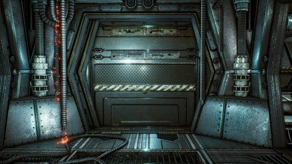 Wall Mural - futuristic sci-fi tunnel with sparks and smoke, interior view. 3d rendering