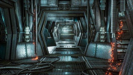 Wall Mural - futuristic sci-fi tunnel with sparks and smoke, interior view. 3d rendering