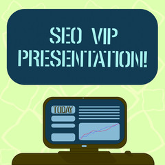 Handwriting text writing Seo Vip Presentation. Concept meaning Making presentation on how to enhance the search engine Mounted Computer Screen with Line Graph on Desk Blank Color Text Box