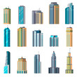 Buildings and modern city houses. Building business office apartment exterior flat home tall glass skyscraper town set