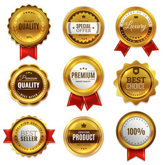 gold badges seal quality labels. sale medal badge premium stamp golden genuine emblem guarantee roun
