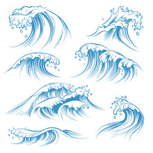 Hand Drawn Ocean Waves. Sketch Sea Waves Tide Splash. Hand Drawn Surfing Storm Wind Water Doodle Vintage Elements