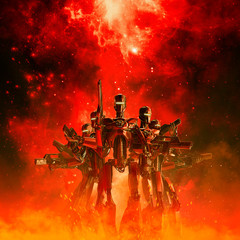 Poster - In the heat of battle / 3D illustration of science fiction scene with military robot troopers in the fiery glow of space war