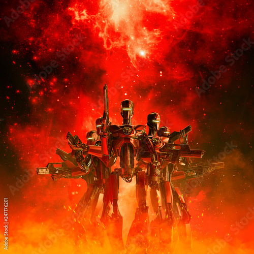 In the heat of battle / 3D illustration of science fiction scene with military r Poster Mural XXL