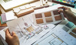© Chaosamran_Studio - Architect designer Interior creative working hand drawing sketch plan blue print selection material color samples art tools Design Studio