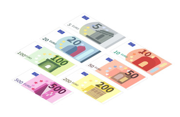 Wall Mural - Large set of different euro banknotes in isometric view. Five, ten, twenty, fifty, one hundred, two hundreds and five hundreds notes on white