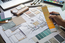 Architect Designer Interior Creative Working Hand Drawing Sketch Plan Blue Print Selection Material Color Samples Art Tools Design Studio