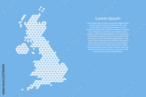 Fotografía United Kingdom map abstract schematic from white triangles repeating pattern geometric on light blue background with nodes for banner, poster, greeting card