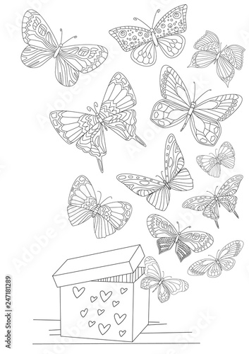 open gift box with flying butterflies for your coloring page