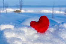Plush Red Love Heart In Snow On St. Valentine's Day