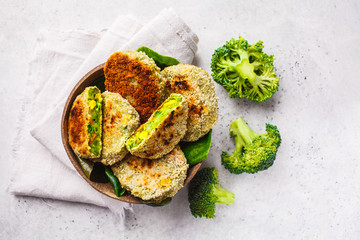 broccoli, vegan, cutlet, green, burger, Green broccoli burgers in coconut shell dish on white background, top view.