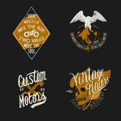 Biker print set: two wheels move the soul, you weren't born just to pay bills and die, custom motors, vintage racers skull in winged helmet