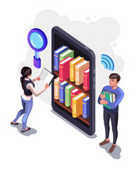 Wall Mural - People student character searching information by smartphone. Online learning education concept. Vector flat cartoon graphic design isolated illustration