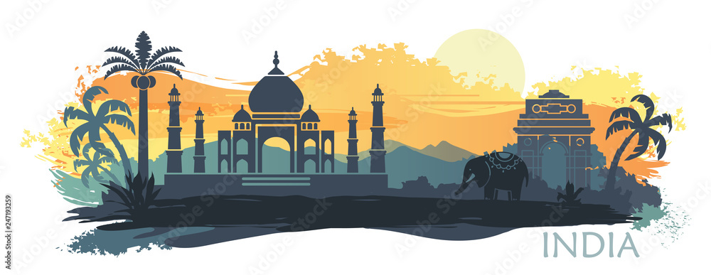 Stylized landscape of India with the Taj Mahal, an elephant and a dancer. Vector background - obrazy, fototapety, plakaty 