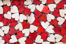 Valentines Day Background With White End Red Hearts On Wooden Background.