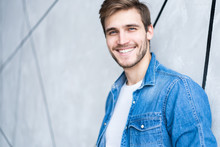 Perfect Man. Portrait Of Happy Fashionable Handsome Man In Jeans Shirt.